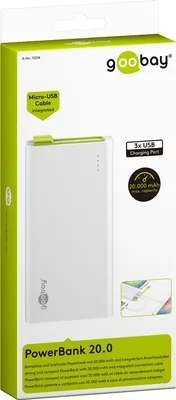 Imagen del producto de Goobay 72204, batería externa de 20.000 mAh, color blanco: compacta y potente, con 20.000 mAh y cable integrado