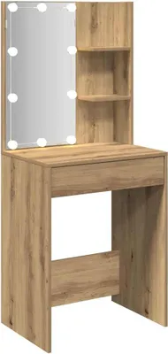 A makeup vanity table with a mirror and shelves, made of wood-like material.