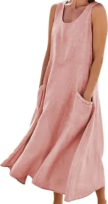 Produktbild von ASKSA Damen Sommer Baumwoll Tankkleid Einfarbig A-Linie Strandkleid Lose Kleider Sommerkleid mit Taschen, Rosa, XL