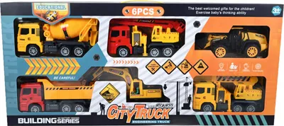 Produktbild von Baustellenfahrzeuge Set 6-tlg mit Kran Bagger Betonmischer LKW Spielzeug Autos