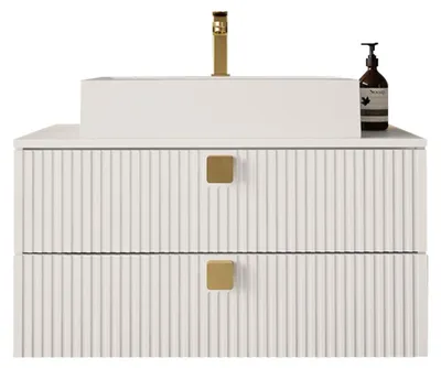 Produktbild von MIRJAN24 Waschbeckenschrank Gariano 01 mit Siphon, Keramik Waschbecken, Griffe aus Metall in der Farbe Gold (Farbe: Weiß)