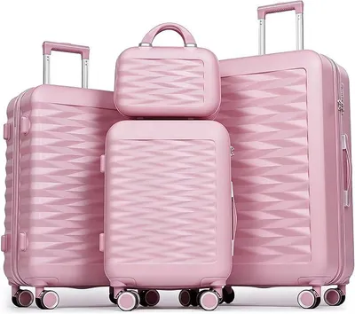 Imagen del producto de Conjunto de maletas rígidas ligeras de ABS, con cerradura numérica TSA y 4 ruedas dobles. El conjunto incluye maletas de 12", 20", 24" y 28", color rosa