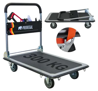 Produktbild von Klappbarer Profi-Transportwagen BIG RHINO 300 mit Werkzeugtasche & 6 Sicherungsösen | Traglast 300kg | Vollgummibereifung | 2x 360° Lenkrollen & 2x Bockrollen mit Feststellbremse | Plattformwagen Transporthilfe Handwagen