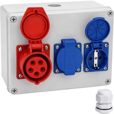 Zdjęcie produktu dla Obudowa rozdzielnicy ściennej, rozdzielnica zasilająca do budowy, IP67, rozdzielnica ścienna z 2 gniazdami Schuko 230V i jednym gniazdem CEE 16A, rozdzielnica niskoprądowa do warsztatu, rozdzielnica zasilająca do budowy