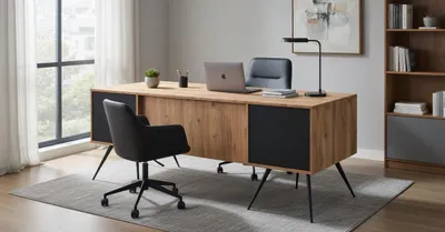 Immagine prodotto di Scrivania di design in legno beige con gambe in metallo, in stile moderno