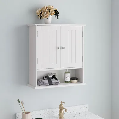 Produktbild von Hängeschrank Bad, Badschrank Holz mit verstellbarem Regal, Wandschrank hängend, Badezimmerschrank Küchenschrank, 54.6 L x 19.8 W x 59.9 H (cm) (Weiß)