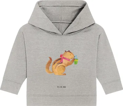 Produktbild von Mr. & Mrs. Panda Organic Baby Hoodie Eichhörnchen Smoothie 12. - 18. Monat - Heather Grey - Geschenk, Diät, Streifenhörnchen, Kapuzensweatshirt, Abnehmen, Green Smoothies