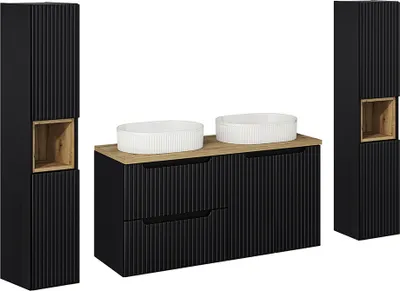 Produktbild von Badmöbel Set 3-teilig, 120cm Waschtisch, in schwarz mit Eiche, gerillte Front, NEWPORT-56-BLACK