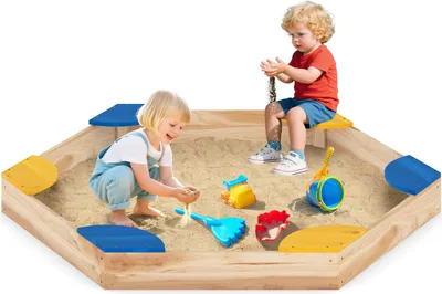 Obrázek produktu pro COSTWAY 140 x 122 x 14 cm dřevěné pískoviště se 6 sedátky, šestihranné pískoviště pro děti, hračka na písek na balkon a zahradu