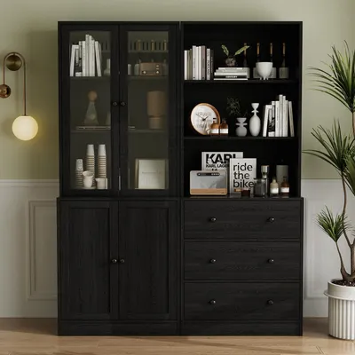 Produktbild von 5-stöckiges Bücherregal mit Glastüren 180 cm Schwarz Vitrinenschrank Hochschrank