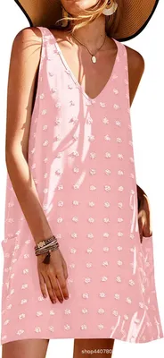 Produktbild von Damen-Strandkleid in Rosa mit Blumenmuster, ärmellos mit V-Ausschnitt, leichtes Überwurfkleid für Strand und Pool