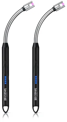 Produktbild von Brandson Lichtbogen-Feuerzeug 2er Set elektrisch mit USB-C-Ladung, flammenlos und winddicht, biegsamer Hals mit 26 cm Länge, Stabfeuerzeug, 2 Stück, schwarz-silber