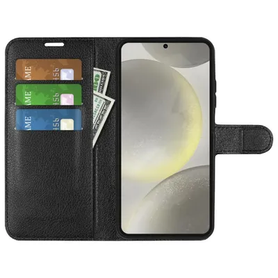 A black leather flip case for a smartphone, shown open with credit cards and cash inserted.