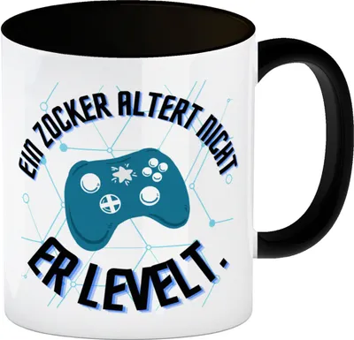 Produktbild von Ein Zocker altert nicht Kaffeebecher in schwarz Er levelt