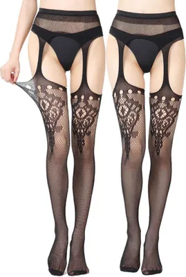 Produktbild von Strumpfhosen - gemusterte Strumpfhosen - mit Bund - wie Strümpfe - stilvolle Stripanty - Netzstrumpfhosen - Schwarz - mit Spitze
