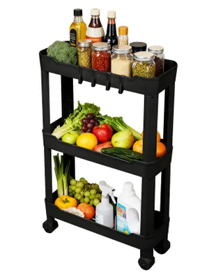 Produktbild von Ribelli Rollwagen 3 Ebenen, Küchenwagen schmal, Küchenregal mit 8 Haken, Servierwagen auf Rollen Kunststoff für Bad, Küche, Büro, Weiß/Schwarz