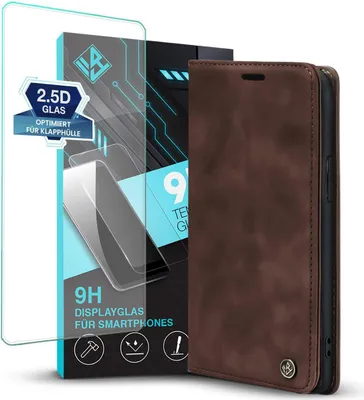 Produktbild von Handy Hülle für Apple iPhone 15 Pro mit 9H Displayglas Klapphülle Bookcase Flip Cover Handy Tasche Etui Farbe: Dunkelbraun