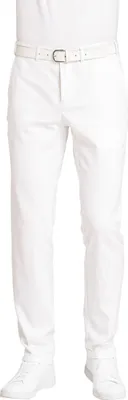 A person wearing white pants and white sneakers, with a white belt.