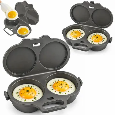 Produktbild von Mikrowellen-Eierkocher 2er Set, 2-Kammer Eierpochierer aus PP mit Deckel, für 2 Eier, kompakter Küchenhelfer, Schwarz