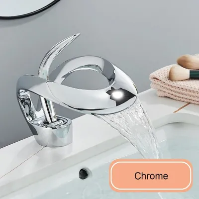 Produktbild von Waschtischarmatur für Bad - Wasserfall Einhebelmischer - Deckmontage Einloch - Messing mit Keramikkartusche - Für Warm- und Kaltwasser - Chrom