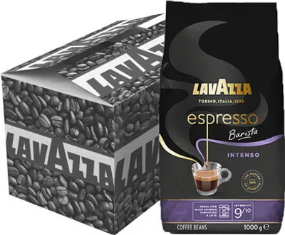 A bag of Lavazza Espresso Barista Intenso coffee beans and its packaging.