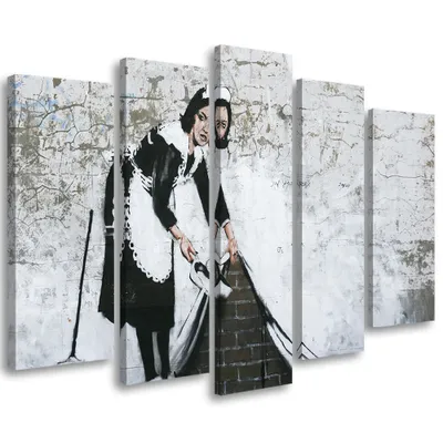 Zdjęcie produktu dla Obraz 5 częściowy na płótnie, Banksy Pokojówka Street Art 150x100 cm Feeby szary obraz na ścianę gotowy do powieszenia