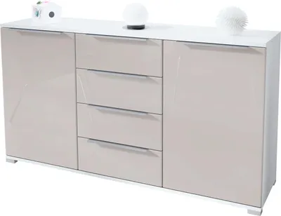 Produktbild von Vladon Sideboard Linio V1, Anrichte mit 2 Türen und 4 Schubladen, Weiß matt / Sandgrau Hochglanz (138,5 x 75,5 x 35 cm)