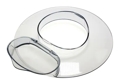 A clear plastic splash guard for a kitchen appliance, shown from a slightly elevated angle against a white background.