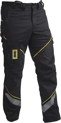 Schwarze Arbeitshose "Working Pants" von Singing Rock mit gelben Akzenten und reflektierenden Elementen.