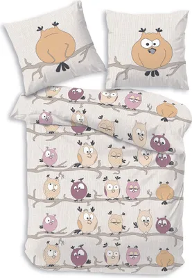 Produktbild von Dobnig Bettwäsche Flanell - Eulen 135 x 200 cm lustige Eulen, sandfarben