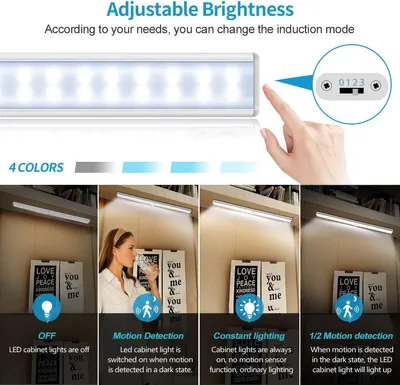 Produktbild von 60 LED-Schranklampe, Schranklicht mit Bewegungsmelder, wiederaufladbar über USB, 3 Beleuchtungsmodi, Schranklicht, selbstklebendes Magnetstreifen-LED-Nachtlicht (weiß)