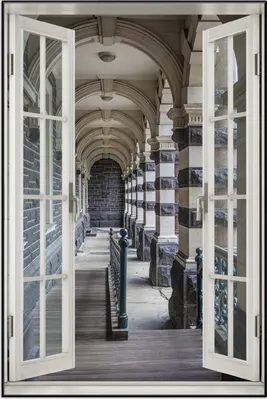 Produktbild von Wallario Wandbild mit Fenster-Illusion: Säulengang in einem Bahnhof in Neuseeland, Größe: 61 x 91,5 cm, Poster mit schwarzem Aluminiumrahmen