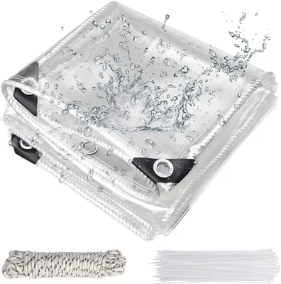 Imagen del producto de Lona transparente de PVC - Protector contra la lluvia - Impermeable - 250 g/m² - 0,2 mm - Ojales resistentes a la corrosión - 1 x 2 metros