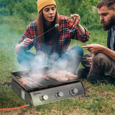 Image de Barbecue à gaz 3 brûleurs, barbecue de table avec plaque antiadhésive, acier inoxydable, noir | 63 x 48 x 21 cm | 3 x 2,5 kW | Allumage piézoélectrique