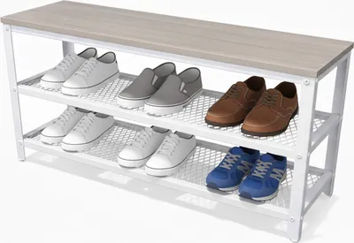 Zdjęcie produktu dla Ławka na buty Relaxdays, na 8 par butów, wys. x szer. x gł.: 45 x 100 x 30 cm, 2 półki z siatki, siedzisko w stylu drewnianym, jasnobrązowo-biała