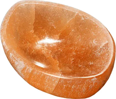 Produktbild von Pfirsich Selenit Augen Schale 10,5x7x3cm – Handgeschnitzte Schale für Meditation
