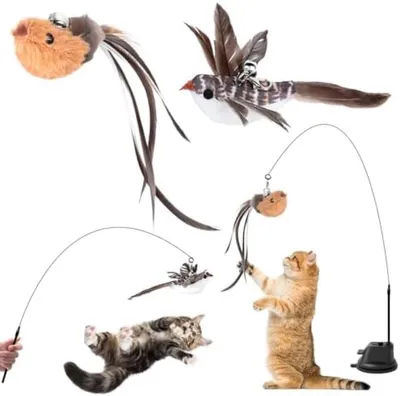 Produktbild von PolkaHome® Interaktives Katzenspielzeug mit Saugnapf, Angelspielzeug für Katzen mit 2 Glockenvögeln, 92 cm