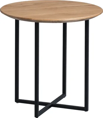 A round wooden table with black metal legs on a white background.