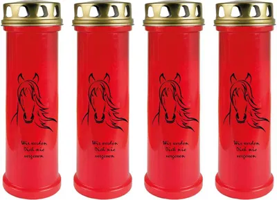 Produktbild von Grabkerze Rot 4er Pack, Brenndauer: 100 Stunden ( je Kerze ), Motiv: Pferdekopf