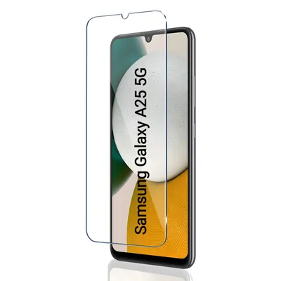 A screen protector is shown placed over a Samsung Galaxy A25 5G phone.