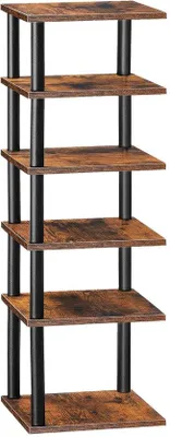 Obrázok produktu pre Uniqoos® – Úsporná, rohová polica na topánky s 6 priečkami (pre až 6 párov), rozmer 28×28×100,3 cm, vyrobená z drevotriesky a oceľových rúr, s nastaviteľnou výškou políc 24,5 cm