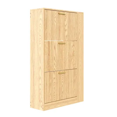 Zdjęcie produktu dla Drewniana szafka na buty – 3-drzwiowa – duża pojemność – otwarte półki – nowoczesny, minimalistyczny design
