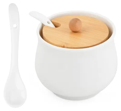 Image de Sucrier en céramique avec couvercle en bambou et cuillère, 230 ml, 8,5 x 8 cm, blanc