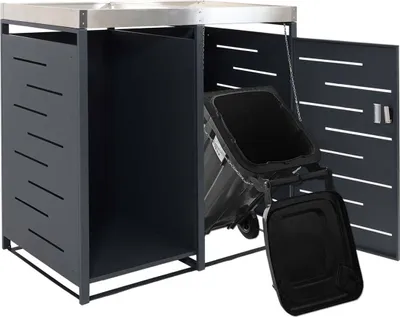Obrázek produktu pro 1 kryt na popelnice se zásobníkem na palivové dříví HWC-H40, box na popelnice, 125x130x80cm, kovový rozšiřitelný 45kg  antracitová barva
