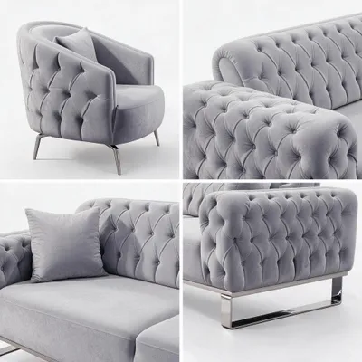 Produktbild von Sofa Set Jumeirah in Hellgraue Samtstoff 3-Sitzer + 2-Sitzer + Sessel + Sessel