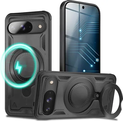 A collage of three images showing a black phone case with a magnetic ring and a lightning bolt symbol, and a smartphone with a circuit board design on its screen.