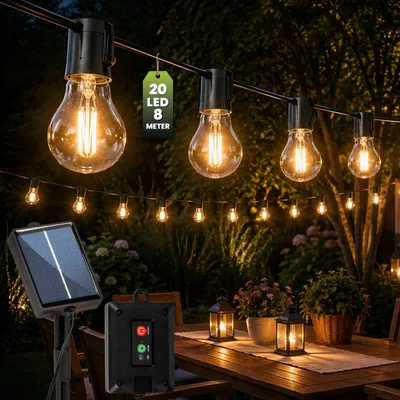 Produktbild von LUMILED Solar Lichterkette für Außen 7,7M 20x A60 LED Lampen Dekorative Glühbirnen IP44 spritzwasserdicht Wetterfest 8 Leuchtmodi Warmweiß 2700K Beleuchtung Garten Terrasse Balkon Party Deko Kugeln Solarleuchte