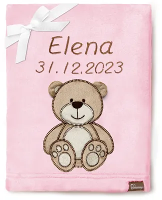 Produktbild von Be Mammy Babydecke mit 3D Applikation bestickt mit Name und Geburtsdatum 76 x 102 cm BE20-280 (Puderrosa – Bär, 76 x 102 cm)