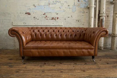 Image de Chesterfield Marron Clair Designer Large Canapé 3 places en cuir Canapés rembourrés de luxe