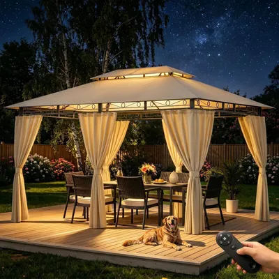 Immagine prodotto di Gazebo da giardino 3x4 metri, impermeabile, stabile, con tetto a doppia falda e pareti laterali, protezione UV 50+, struttura in metallo beige con illuminazione LED